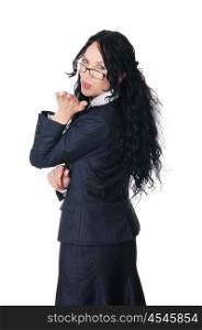 young charming brunette in a business suit with glasses