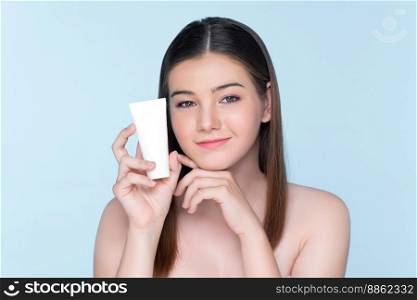 Young charming girl with natural beauty, perfect smooth skin hold lotion, cream, moisturizer tube. Beautiful girl show skincare product smiling on isolated background.. Young charming girl with natural beauty hold lotion tube.l