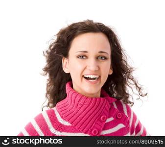 Young cheerful brunette woman portrait isolated on white