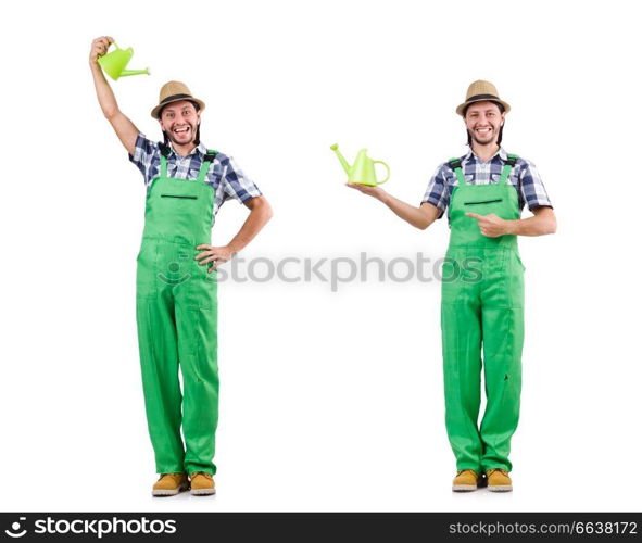 Young cheerful gardener with watering can isolated on white