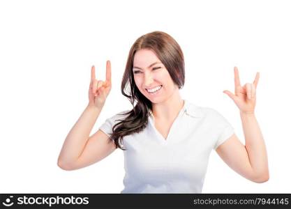 Young cheerful woman making gesture with hands