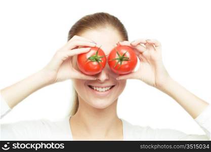 young cheerful woman with tomatos, over white
