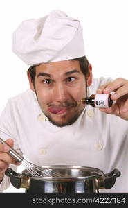 young chef preparing lunch with poison bottle