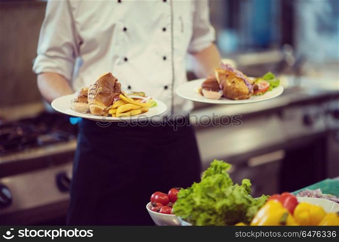 young Chef presenting dishes of tasty meals in commercial kitchen. Chef showing dishes of tasty meals