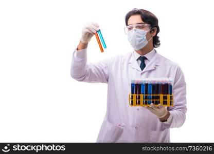 Young chemist isolated on white background 