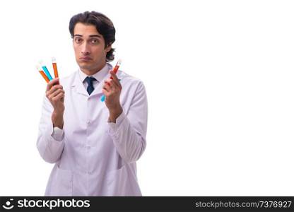 Young chemist isolated on white background 