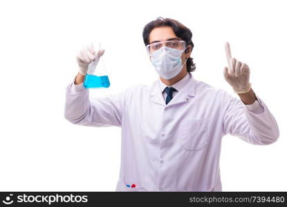 Young chemist isolated on white background 