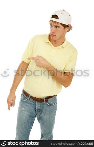 Young college age man pointing off camera in disgust or skepticism. Isolated on white.