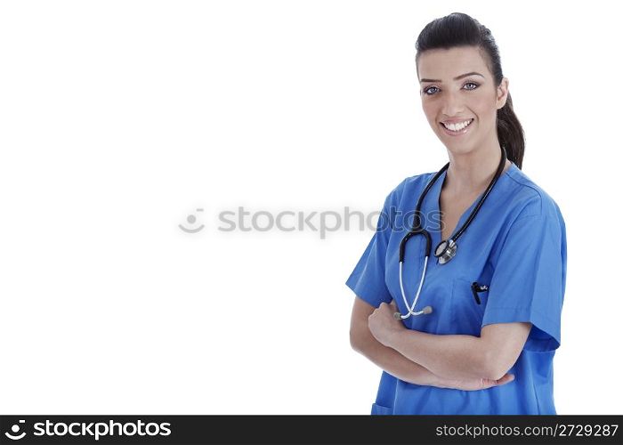 Young confident nurse posing at the camera on isolated white background