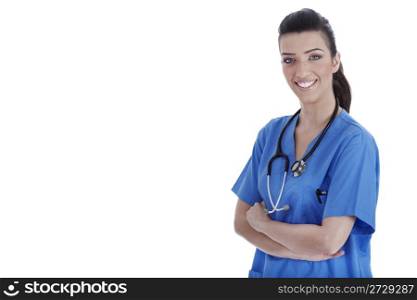Young confident nurse posing at the camera on isolated white background