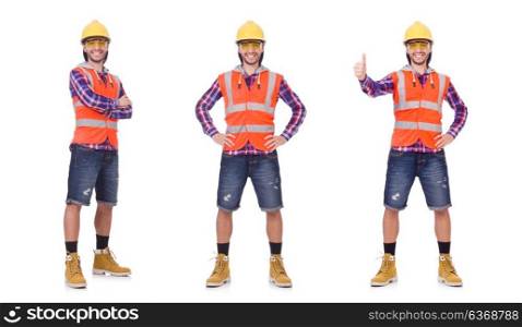 Young construction worker in helmet and briefs isolated on white. Foreman isolated on white