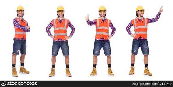 Young construction worker in helmet and briefs isolated on white. Foreman isolated on white