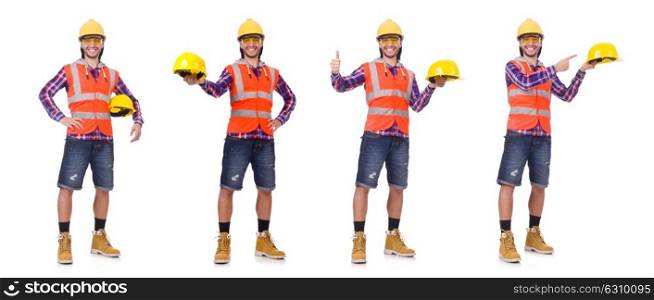 Young construction worker in helmet and briefs isolted on white. Foreman isolated on white