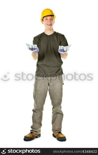 Young construction worker looking up shrugging isolated on white background