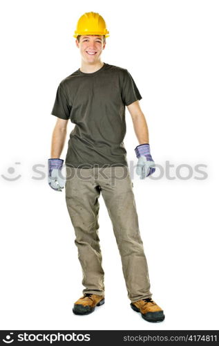 Young construction worker with hard hat full body standing isolated on white background