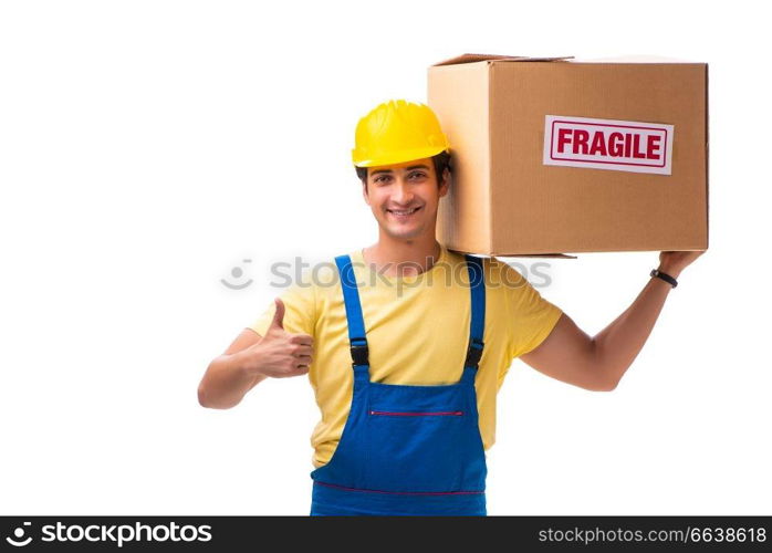 Young contractor with fragile boxes isolated on white