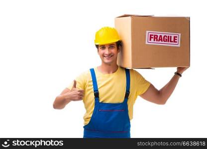 Young contractor with fragile boxes isolated on white