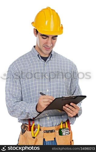 Young contruction worker taking noted a over white background