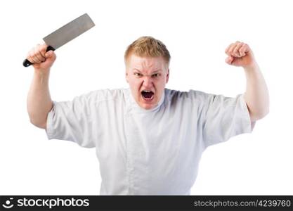 Young cook is really angry and he swinging knife in the air