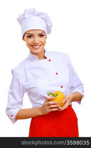 Young cook preparing food wearing a red apron