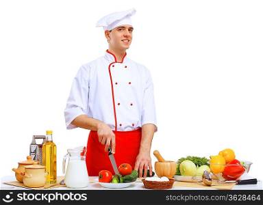 Young cook preparing food wearing a red apron
