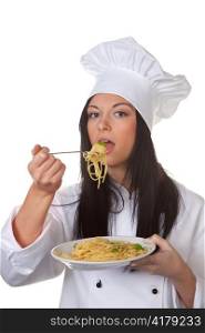 young cook tried her home-cooked pasta dish from