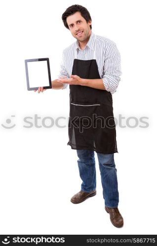 Young cooker presenting a new recipe or a cuisine app on a tablet computer