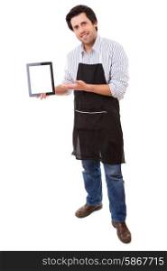 Young cooker presenting a new recipe or a cuisine app on a tablet computer
