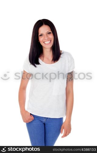 Young cool brunette woman in studio white background