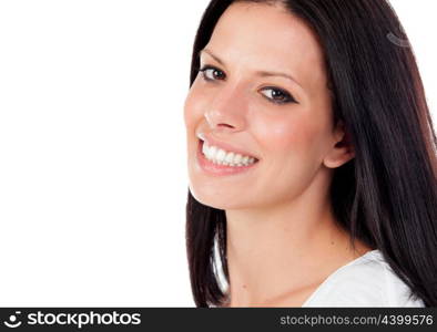 Young cool brunette woman in studio white background