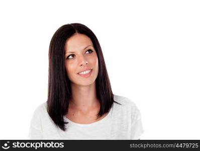 Young cool brunette woman in studio white background
