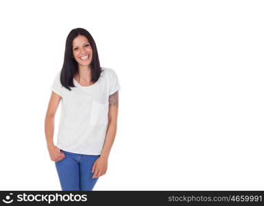 Young cool brunette woman in studio white background