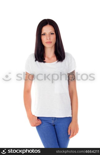 Young cool brunette woman in studio white background