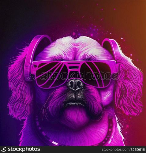 Young cool party dog in purple sunglasses. Pop art style in neon colors. Generative AI. Not based on any actual scene. Cool neon party dog in sunglasses. Generative AI. Not based on any actual scene