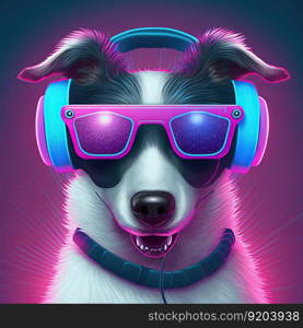 Young cool party dog in sunglasses and headphones. Pop art style in neon colors. Generative AI. Not based on any actual scene. Cool neon party dog in sunglasses. Generative AI. Not based on any actual scene