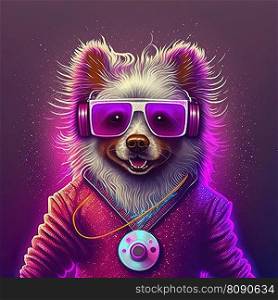 Young cool party dog in sunglasses. Pop art style in neon colors. Generative AI. Not based on any actual scene. Cool neon party dog in sunglasses. Generative AI. Not based on any actual scene