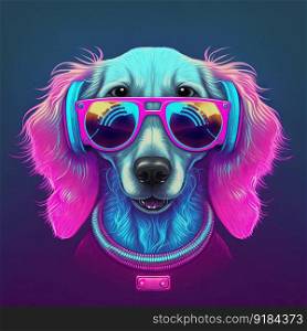 Young cool party dog in sunglasses. Pop art style in neon colors. Generative AI. Not based on any actual scene. Cool neon party dog in sunglasses. Generative AI. Not based on any actual scene