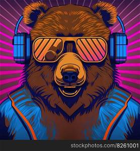 Young cool party grizzly bear in pink sunglasses and headphones. Pop art style in neon colors. Generative AI. Not based on any actual scene. Cool neon party bear in sunglasses. Generative AI. Not based on any actual scene