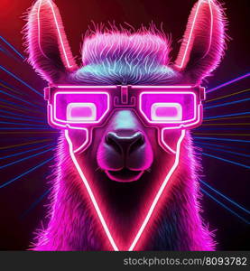 Young cool party llama in pink sunglasses. Pop art style in purple neon colors. Generative AI. Not based on any actual scene. Cool neon party llama in sunglasses. Generative AI. Not based on any actual scene
