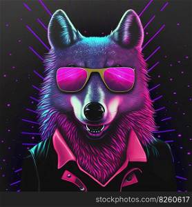 Young cool party wolf in sunglasses. Pop art style in neon colors. Generative AI. Not based on any actual scene. Cool neon party wolf in sunglasses. Generative AI. Not based on any actual scene