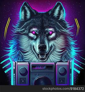 Young cool party wolf with boombox. Pop art style in purple neon colors. Generative AI. Not based on any actual scene. Cool neon party wolfwith boombox. Generative AI. Not based on any actual scene
