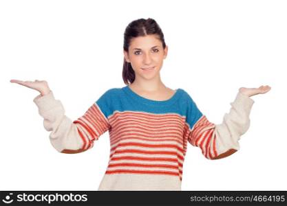 Young cool woman with her arms extended isolated on a white background