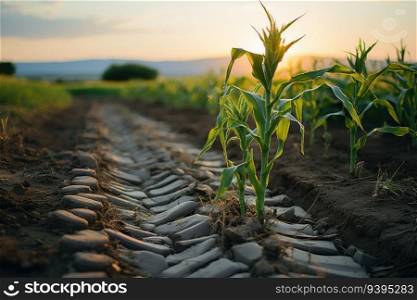 Young corn growing in dry environment. Generative AI