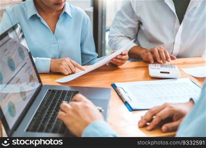 Young couple and real estate Financial Advising agent using laptop on a meeting about Accounting Calculating Cost Economic bills Financial concept