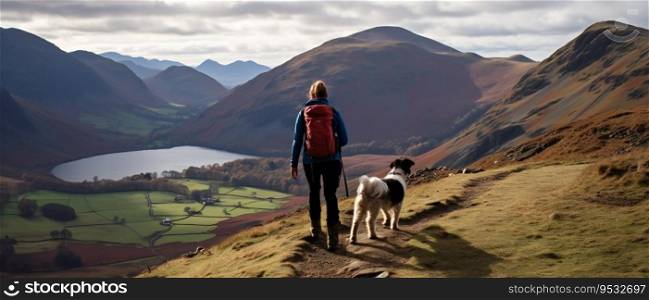 Young couple and their dogs climbing Rannerdale Knotts