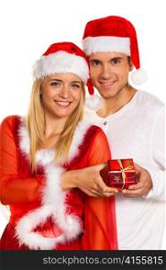 young couple at christmas with santa claus hats