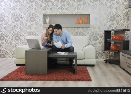 young couple at home with modern livingroom indoor working on laptop on house finance and planing