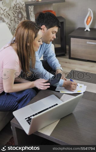 young couple at home with modern livingroom indoor working on laptop on house finance and planing