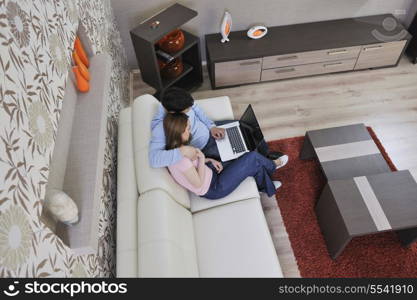 young couple at home with modern livingroom indoor working on laptop on house finance and planing