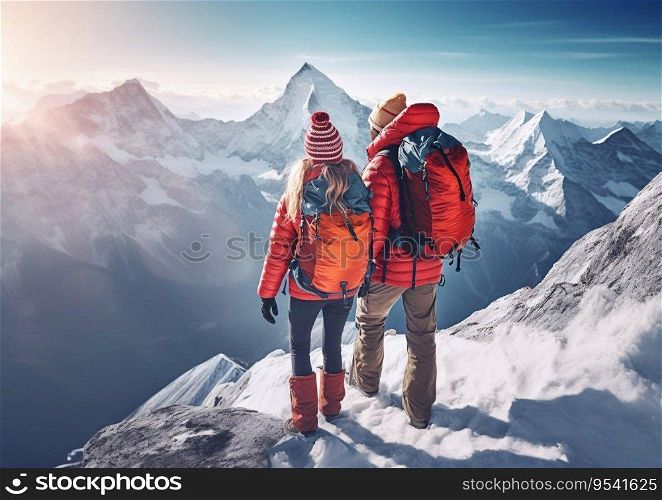 Young couple climbing rocky mountains on their vacation trip.AI generative.